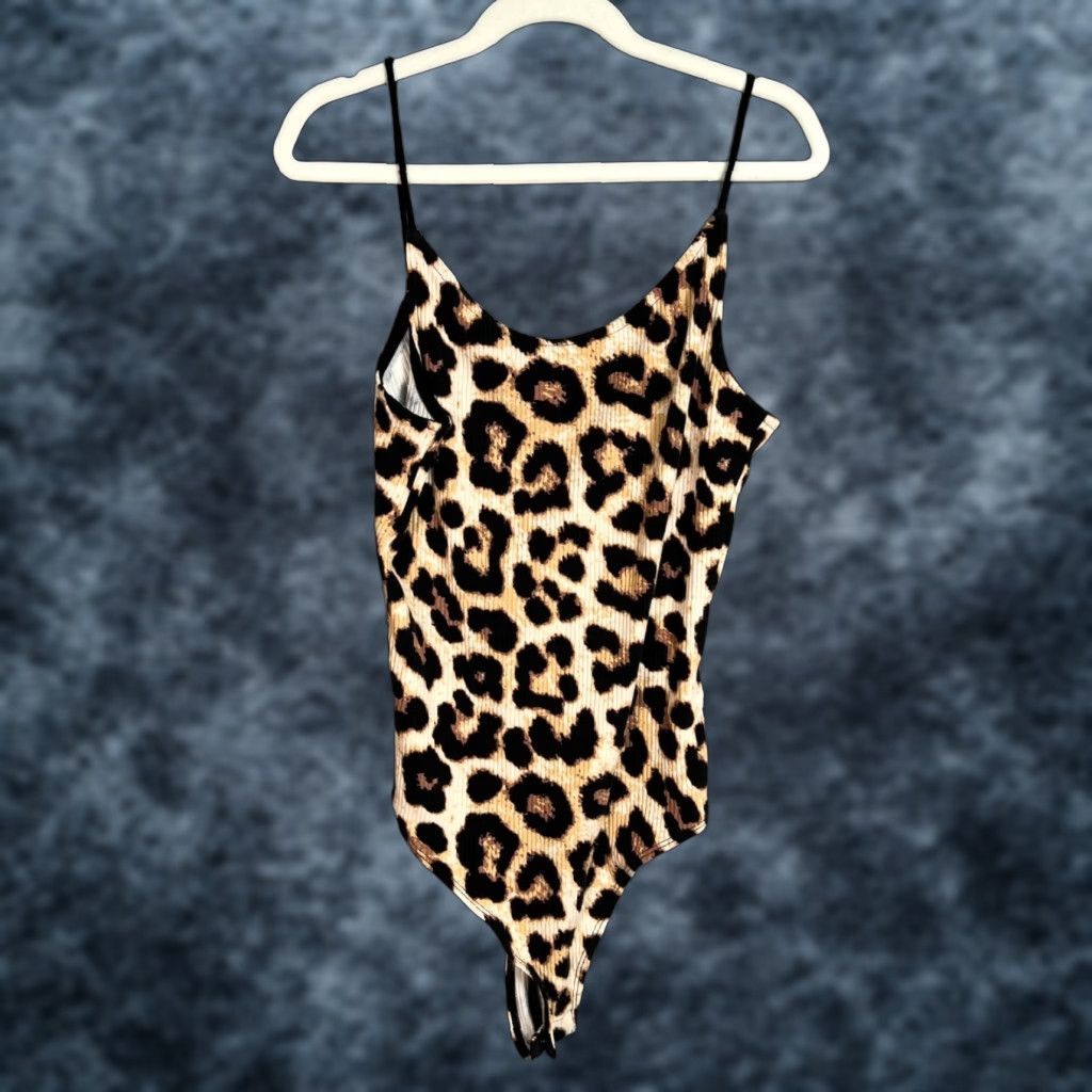 M H M Womens Xs Leopard Print Ribbed Bodysuit Shirt Womens Xs Leopard Bodysuit Black Polyester Str