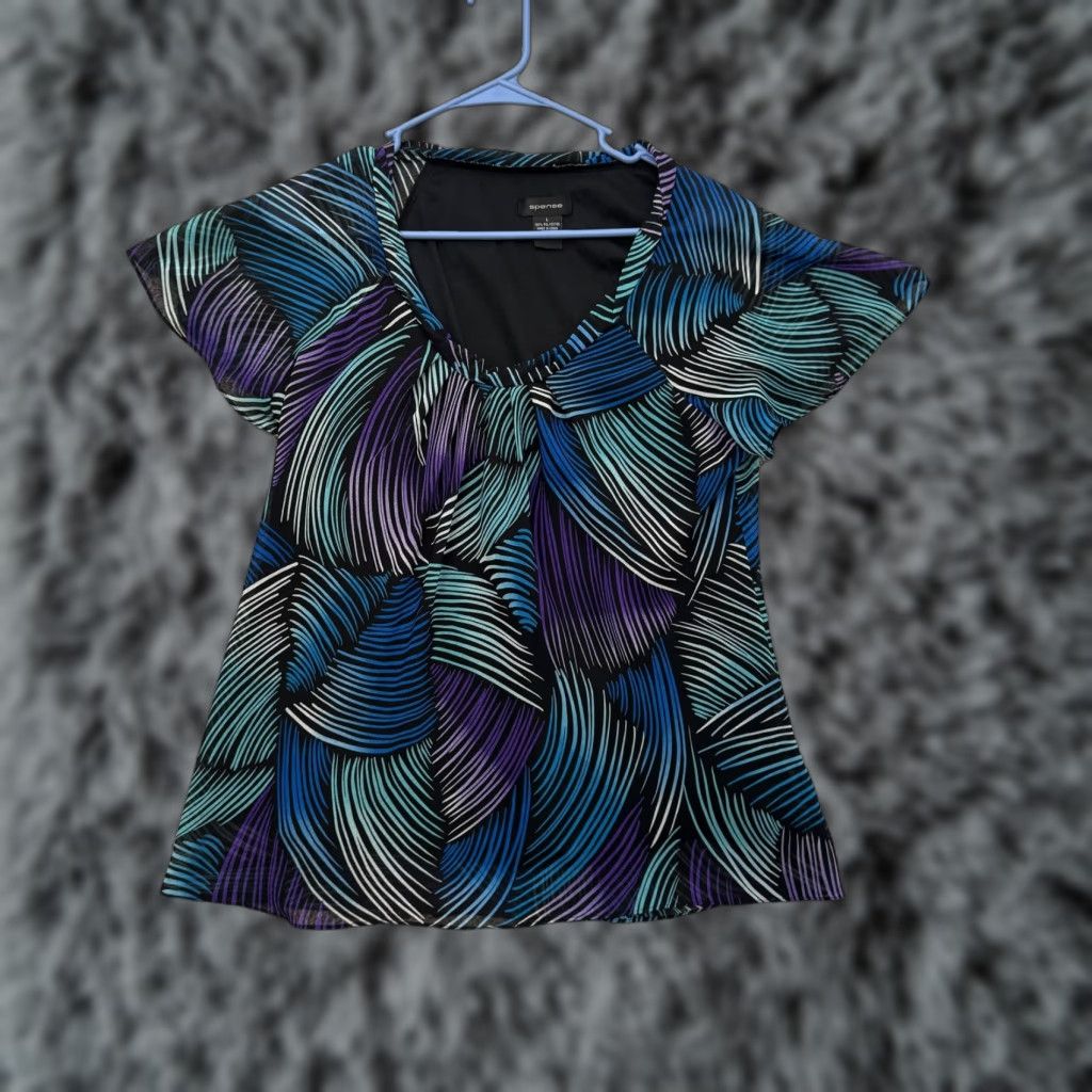 Vintage Spense Shirt Blouse Womens Large Multicolor Geometric Y2k Lined Chiffon Psychedelic