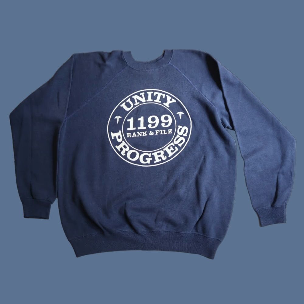 Vintage Hanes Sweatshirt Men Xl Blue 50 50 Crewneck Graphic Print Union Medical Healthcare 80s