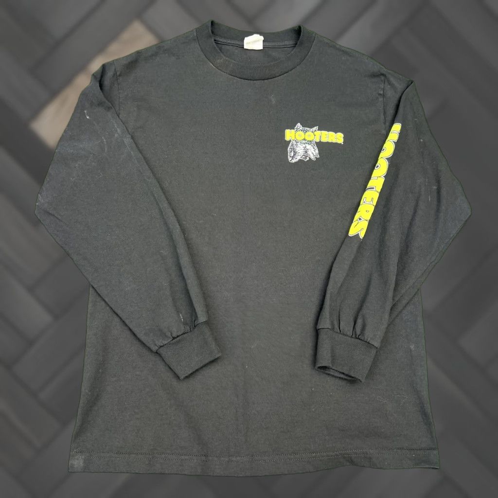 Aaa Vintage Hooters Shirt Mens M Black Long Sleeve 90s Y2k Graphic Print Double Sided Aaa