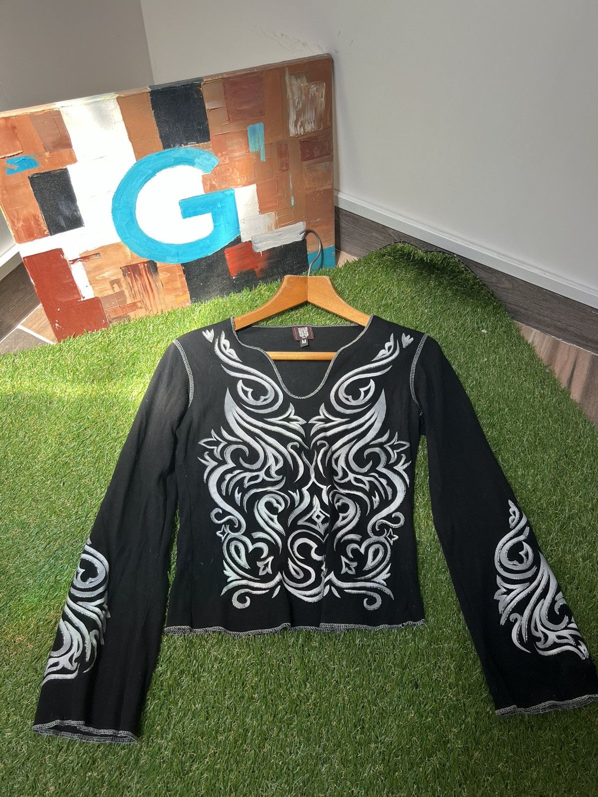 Vintage Black T Shirt Tee Longsleeve Tribal Big Print
