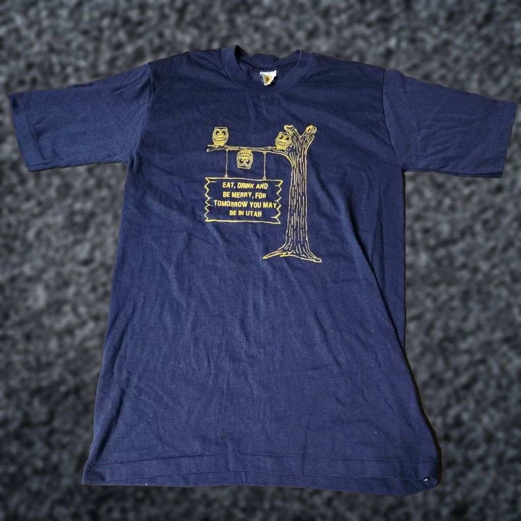 Sheen Vintage Velva Sheen T Shirt Mens M Eat Drink And Be Merry Utah Owl 70s Blue Usa 70s Sh S