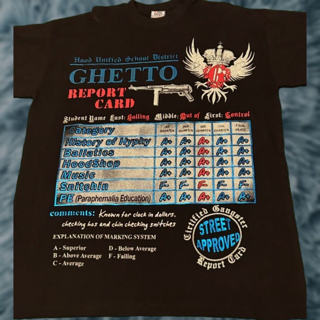 Vintage Ghetto Report Card Hip Hop Rap Tee Shirt Mens 2xl Black 90s Y2k Punk Grunge Hip Hop