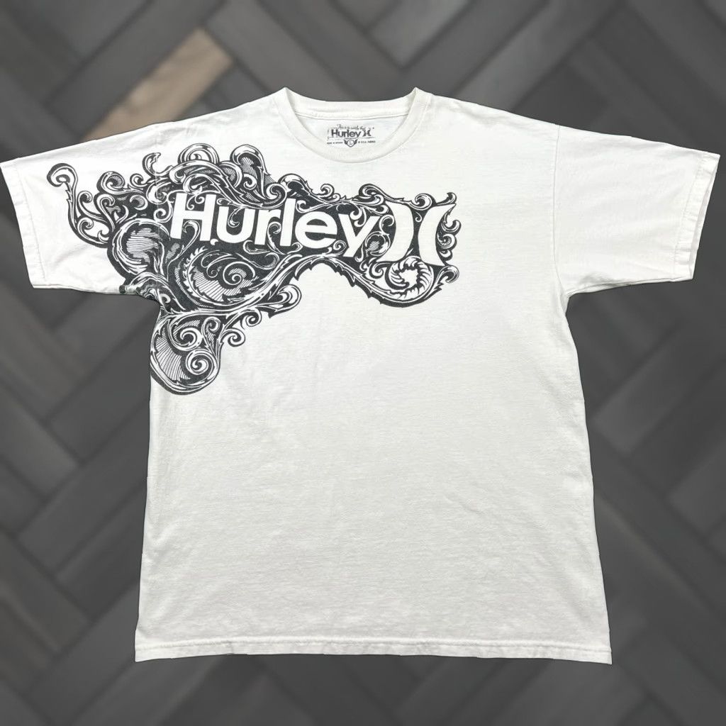Vtg Hurley Tribal T Shirt Men Large White Surf Aop Spellout Skater Cyberpunk Y2k