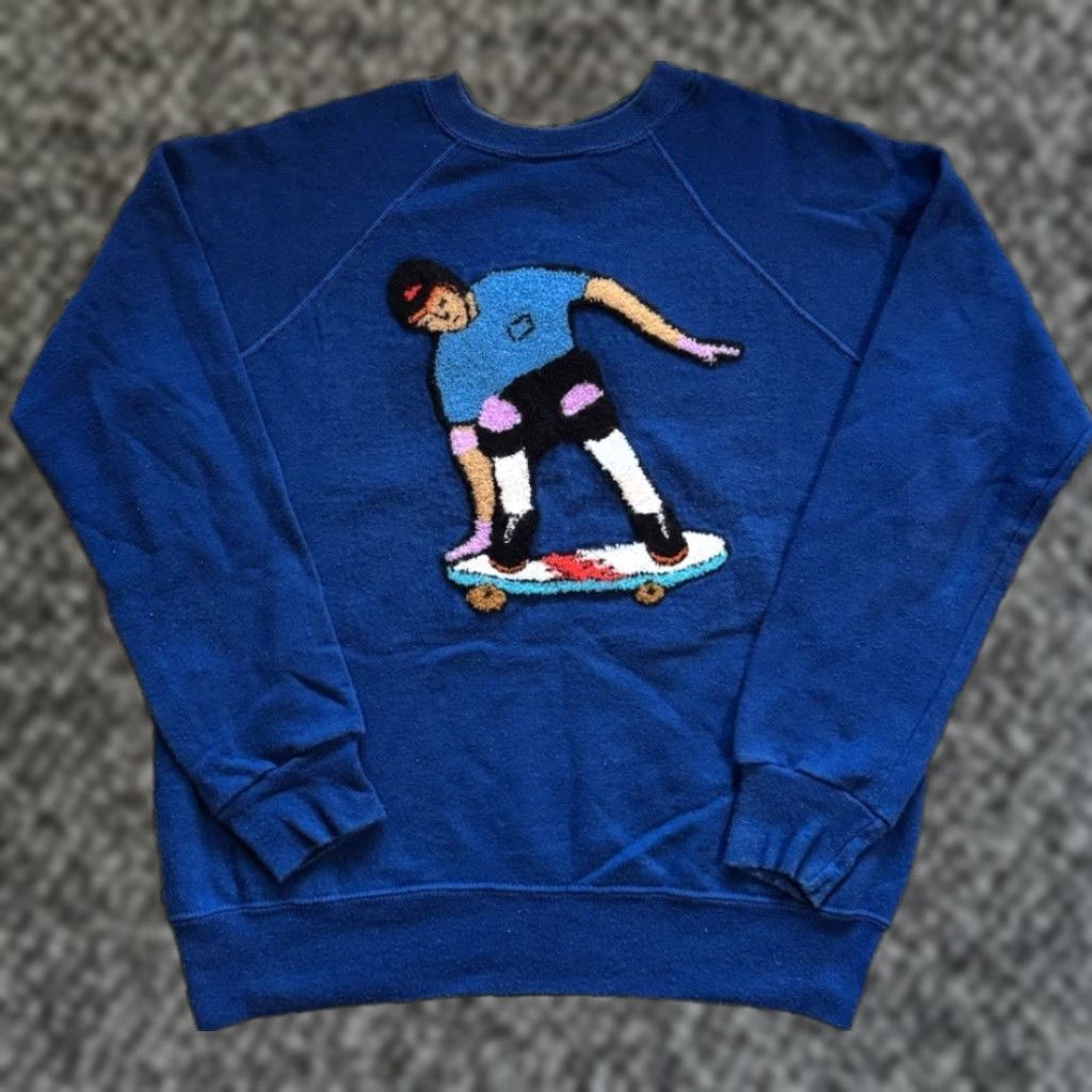 Vintage Bassett Walker Sweatshirt L Graphic Print Long Sleeve Crew Neck Blue 80s Skate Punk