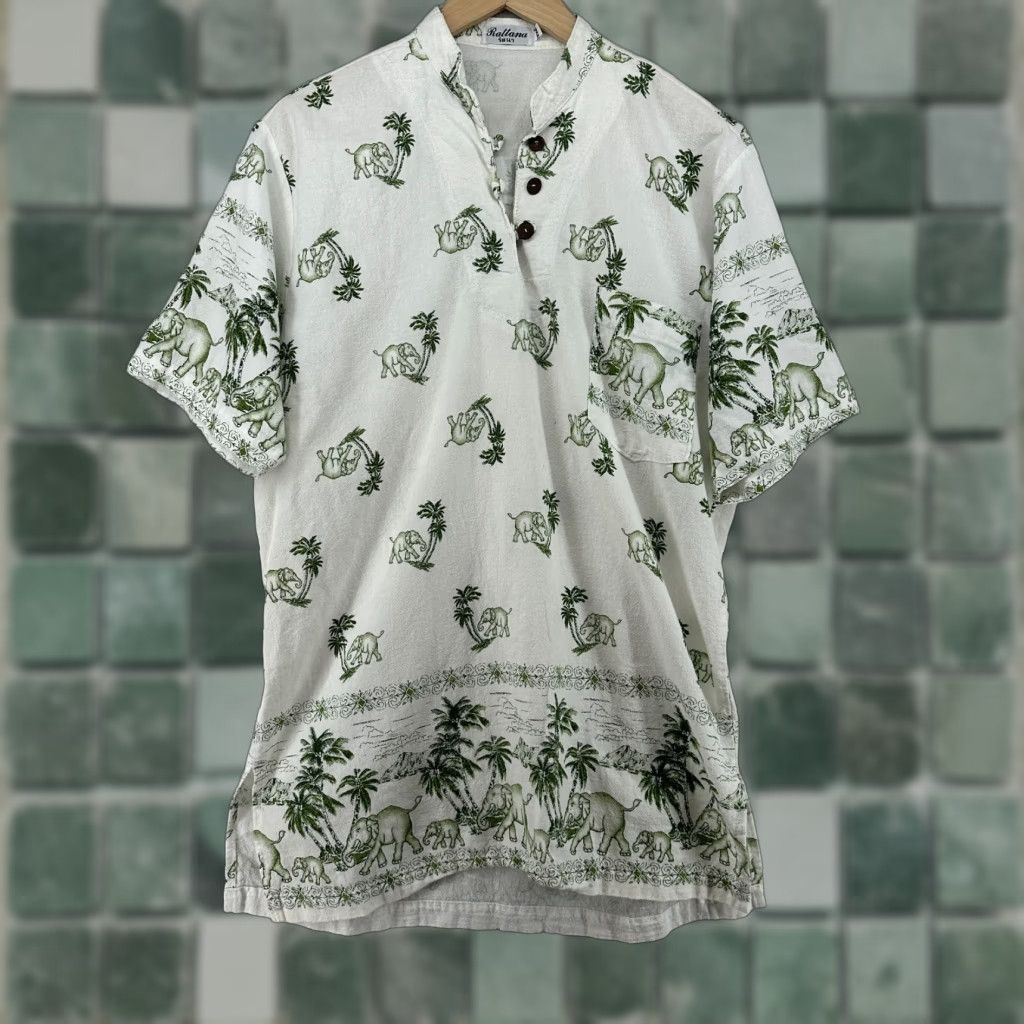 Vintage Rattana Men S Shirt 2xl Cotton Short Sleeve Henley White Tropical Animal Beach