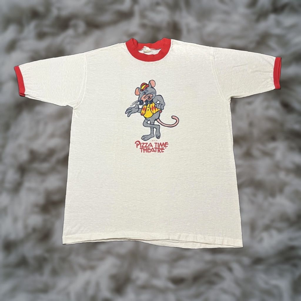 Vintage Chuck E Cheese Pizza Time Theatre Shirt Mens Large White 50 50 Ringer Cotton Polyest Hoodie, Sweatshirt