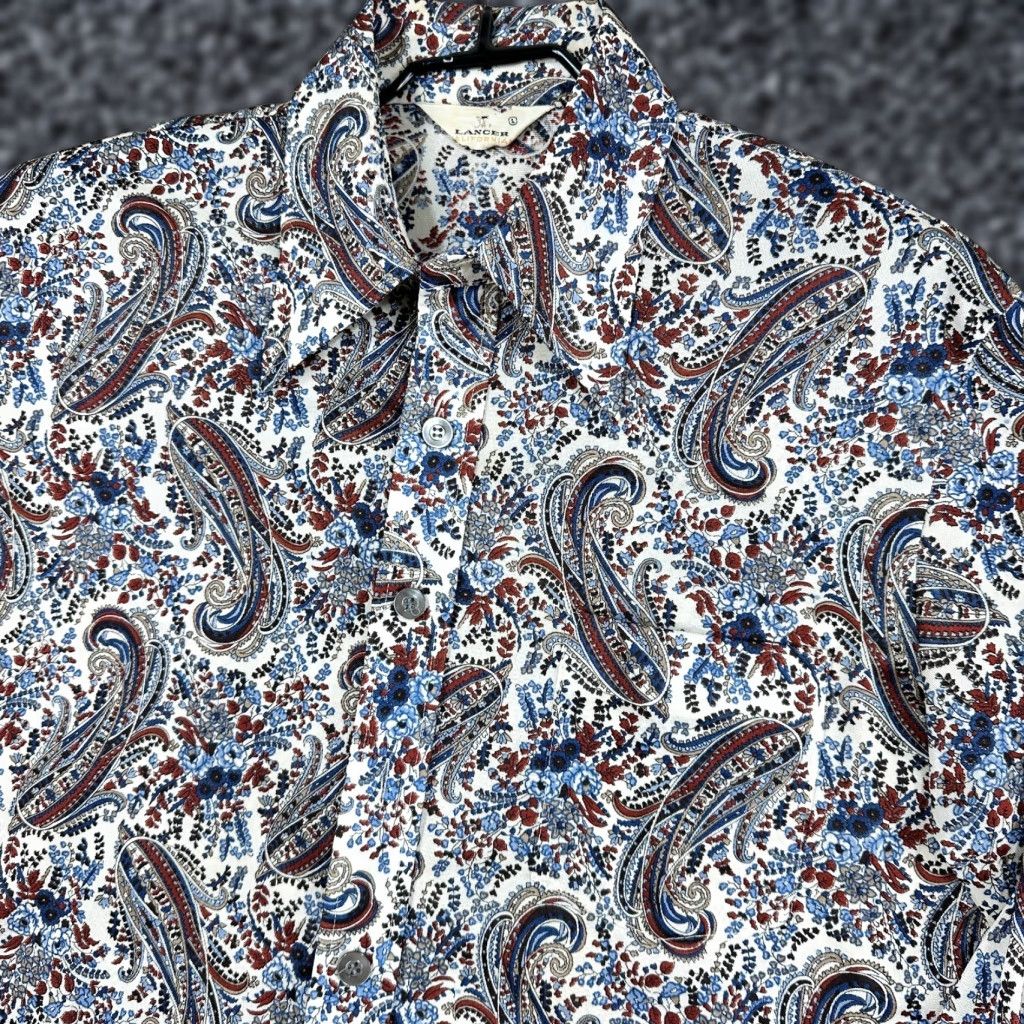 Lancel Vintage 70s Disco Shirt Mens L Paisley Lancer California Polyester Long Sleeve
