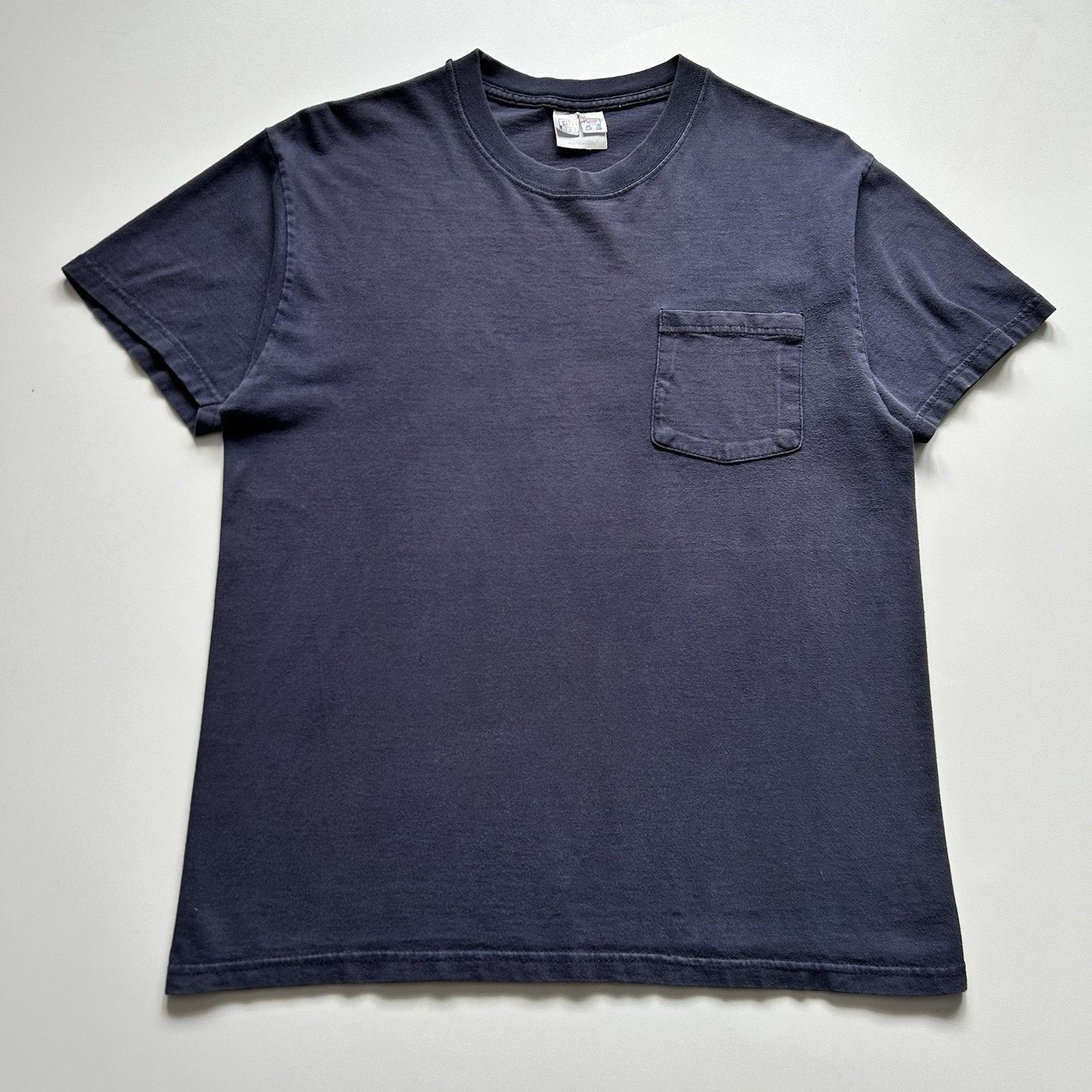 Vintage 90s Hanes Beefy Pocket Shirt Medium Navy Blue Faded Hoodie, Sweatshirt | FlexRushtees.com