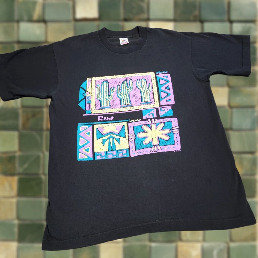 Fruit Of The Loom Vintage 90s Fruit Of The Loom Shirt Black Aztec Cactus Graphic Tee L Unisex 1991 M