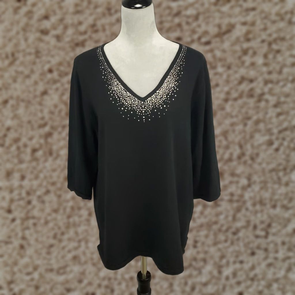 Factory Vintage Quacker Factory Blouse Shirt 1x Black Rhinestone V Neck Pullover Womens