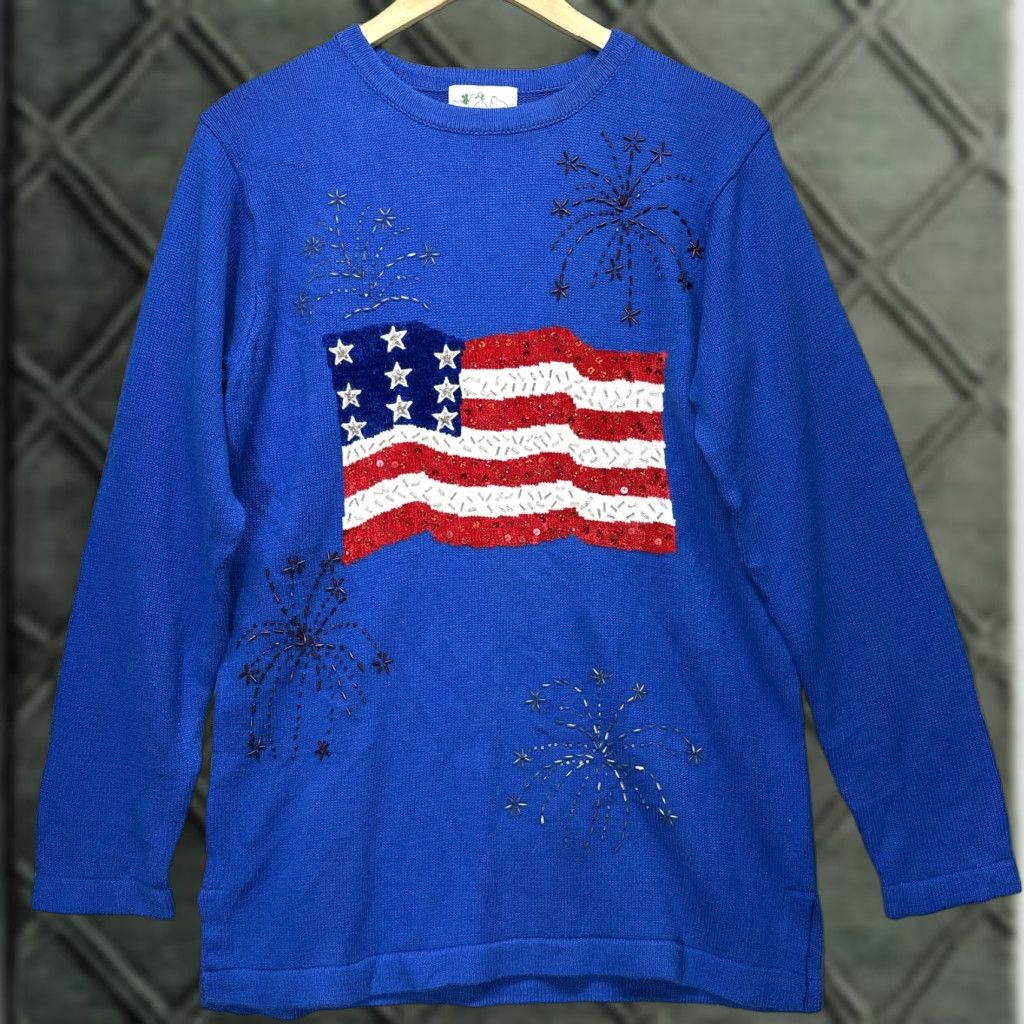 Factory Quacker Factory Sweater Womens Small Blue Usa Flag Fireworks Patriotic Beaded