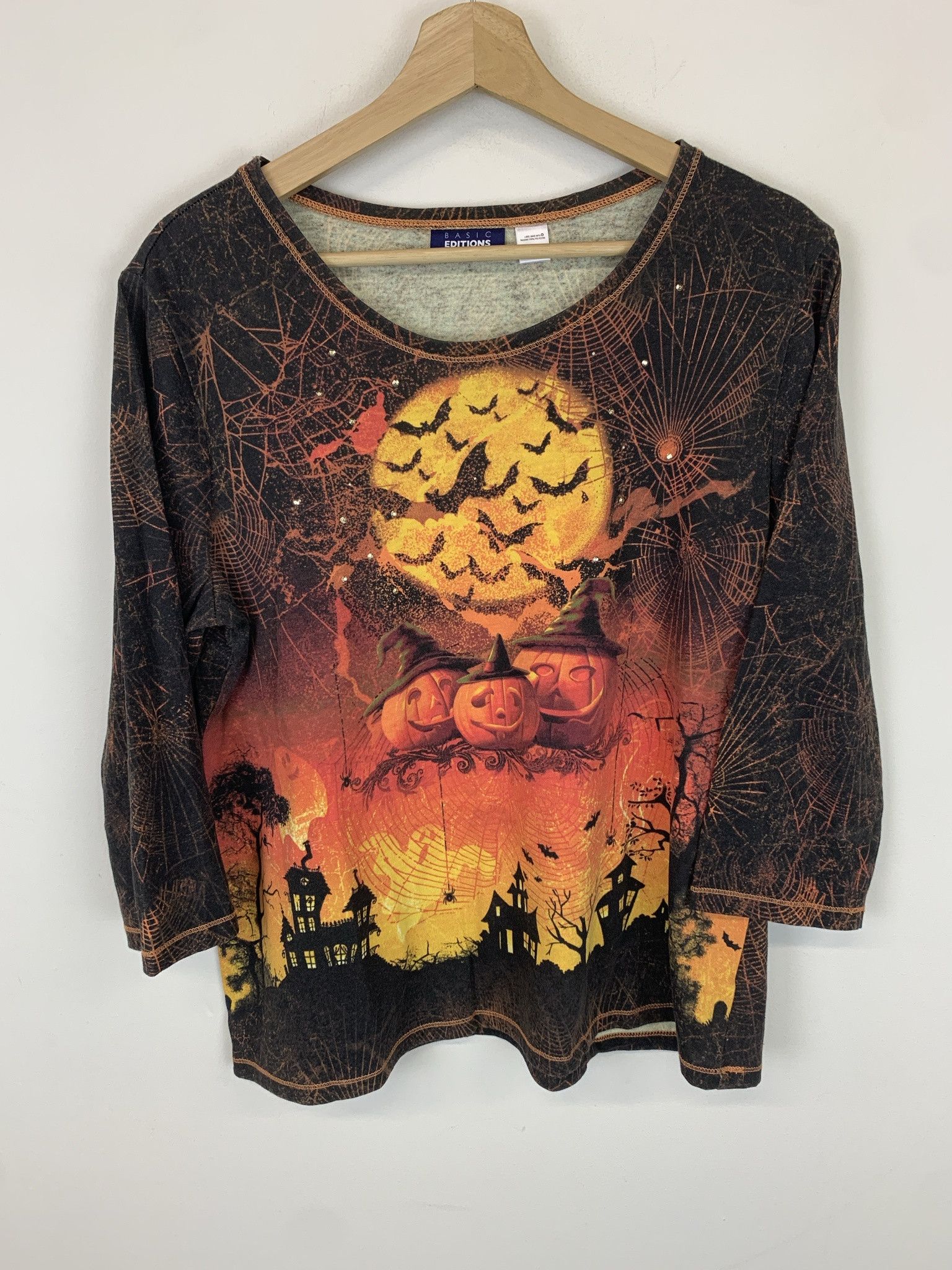 Vintage Halloween Jack O Lantern Spiderweb Rhinestone Longsleeve Size M L