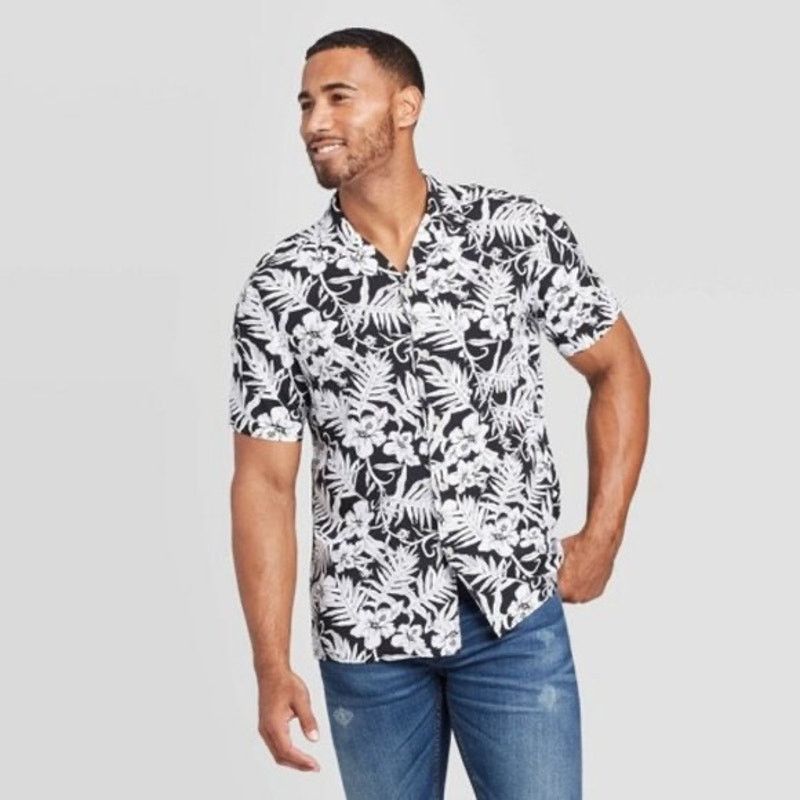 Target Basics Goodfellow Co Black White Hawaiian Floral Shirt