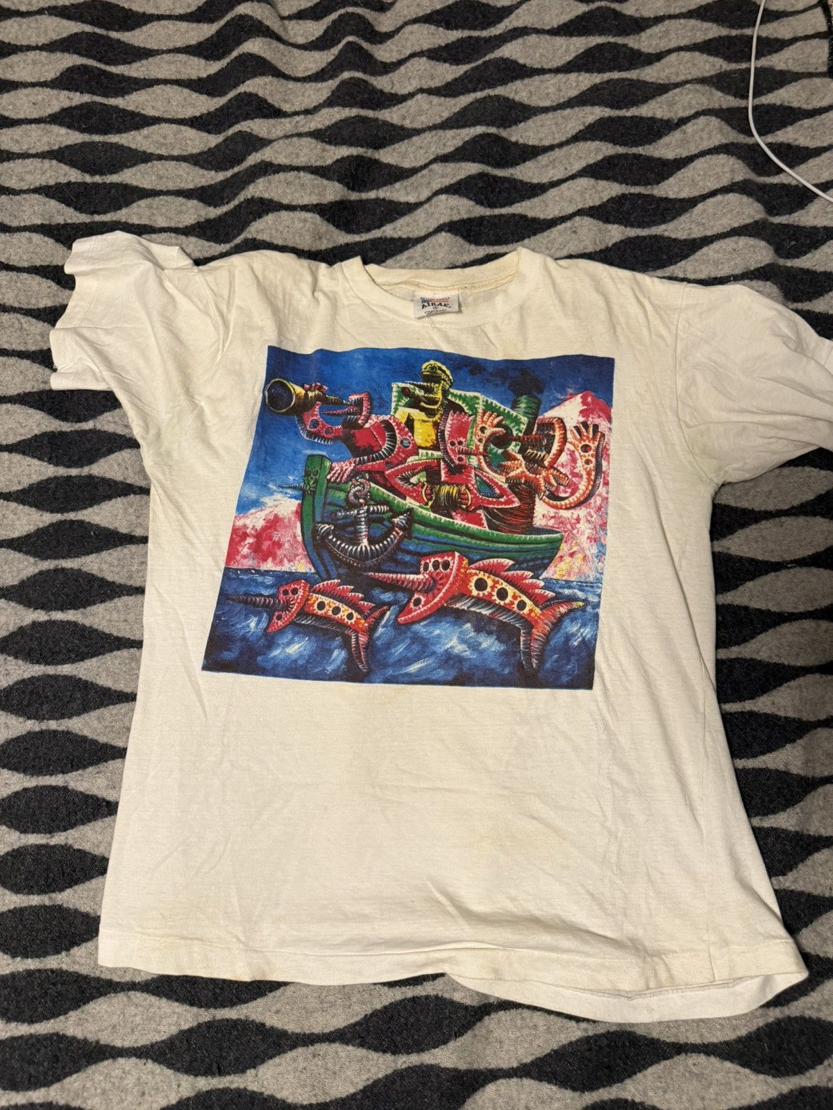 Vintage 90s European Art Tee Abstract Boat Vibrant Hoodie, Sweatshirt | FlexRushtees.com