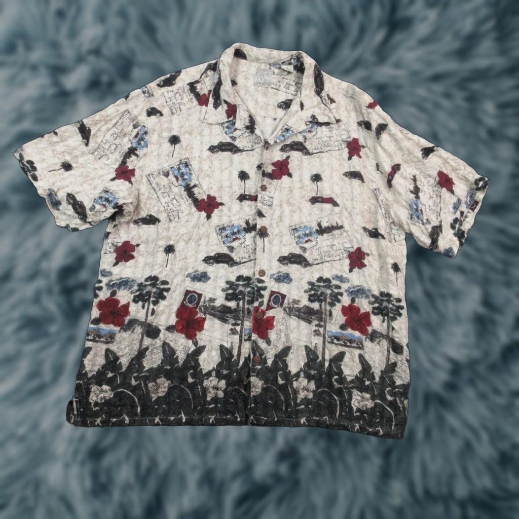 Yorke Vintage Roundtree Yorke Hawaiian Shirt Mens Xl Silk Beige Hibiscus Tropical Aloha 90