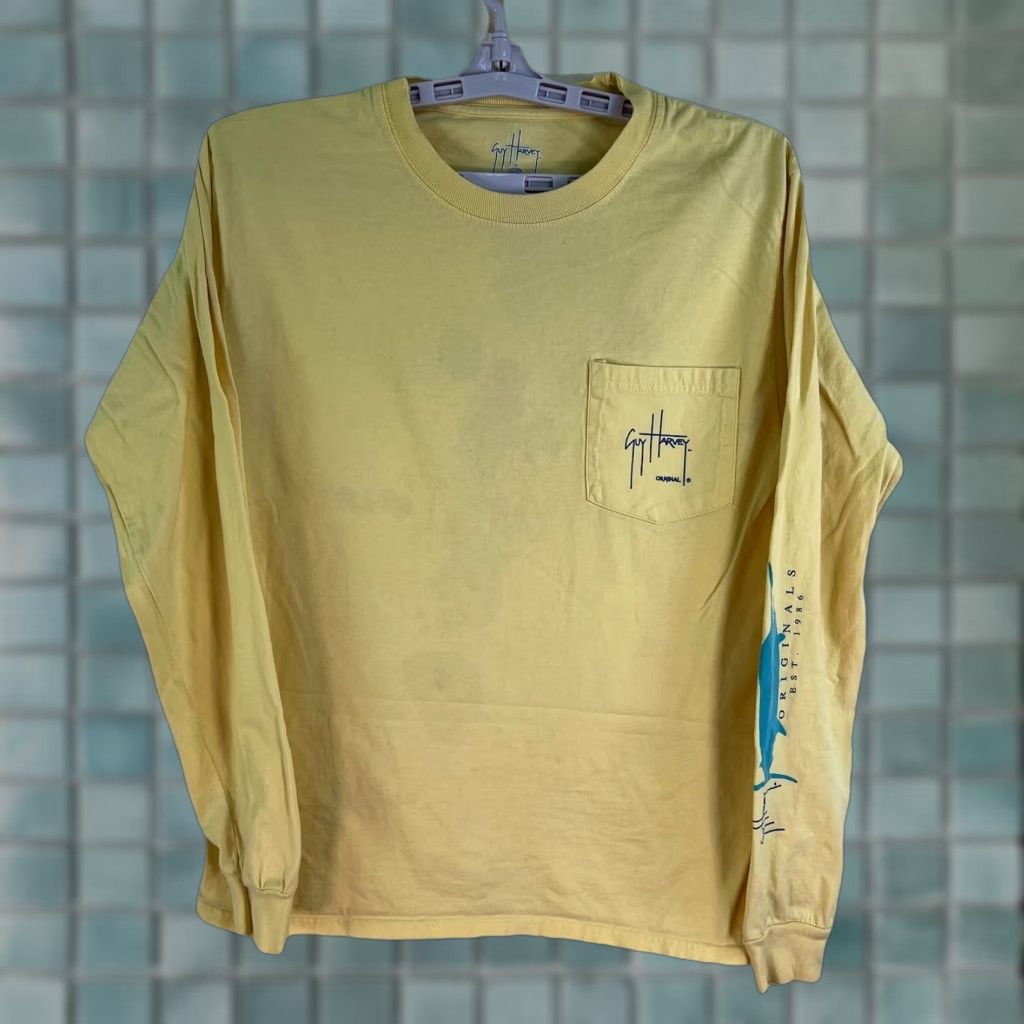 Harvey Vintage Guy Harvey Shirt Mens S Yellow Graphic Long Sleeve Crew Neck 38 In Chest Spring S