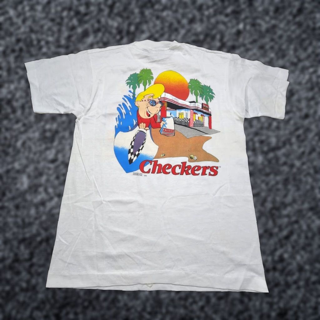 Vintage Screen Stars T Shirt Mens L White 90s Retro Double Sided Distress Checkers Fast Foot