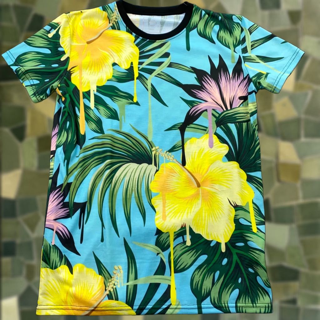 Vintage Tropical Mens Shirt Small Blue Melting Flowers Island Jungle All Over Print Shirt T Shirt Ru