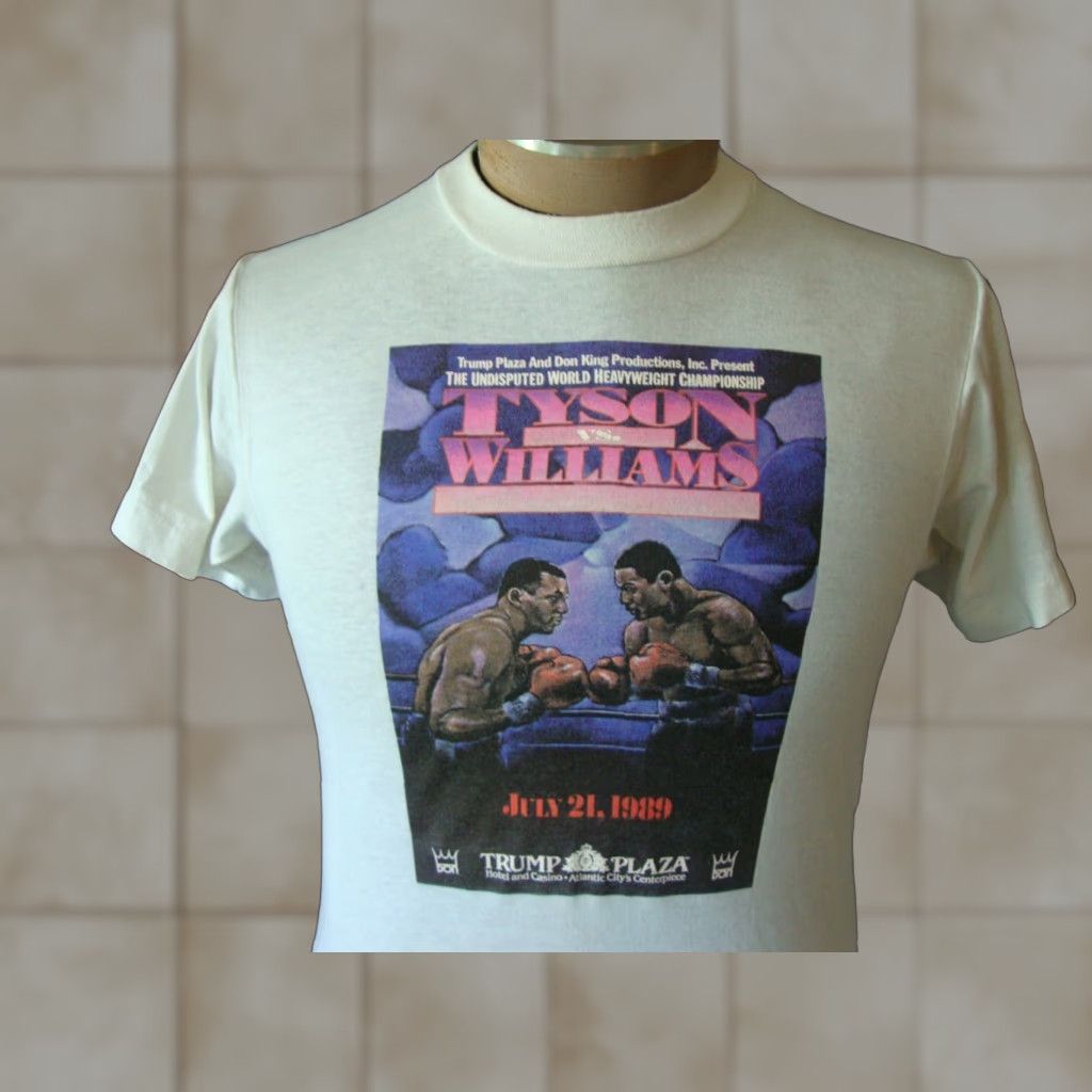 Vintage 80s Mike Tyson Vs Carl Williams 1989 Boxing Shirt M White Screen Stars Cotton Short