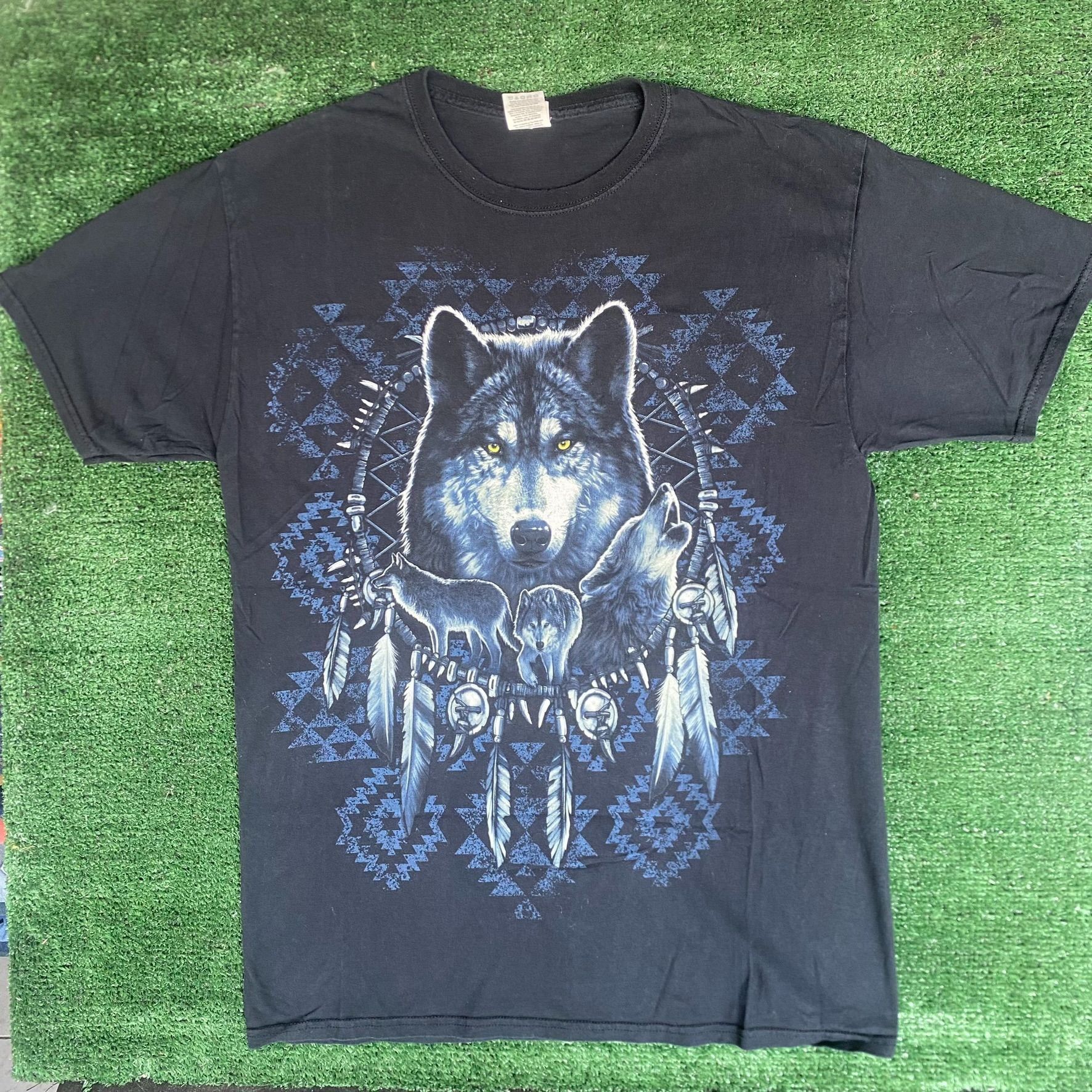 Vintage Y2k Wolf Nature Shirt Aztec Native Animal Western Te