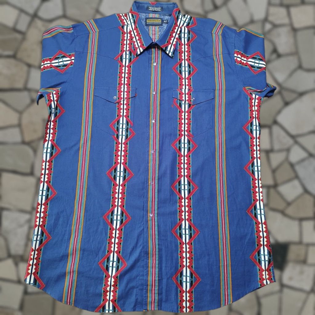 Vintage Panhandle Slim Brushpopper Pearl Snap Shirt Aztec Blue Mens Xlt Shirt