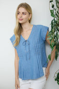 V Neck Front Tie Pintuck Detail Chambray Top