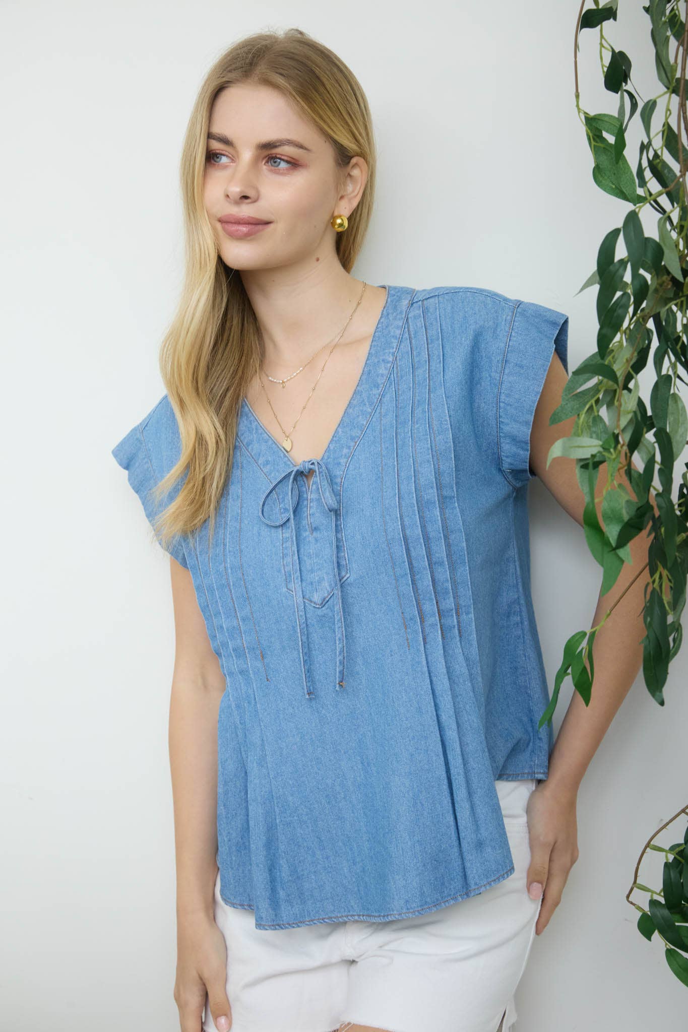 V Neck Front Tie Pintuck Detail Chambray Top