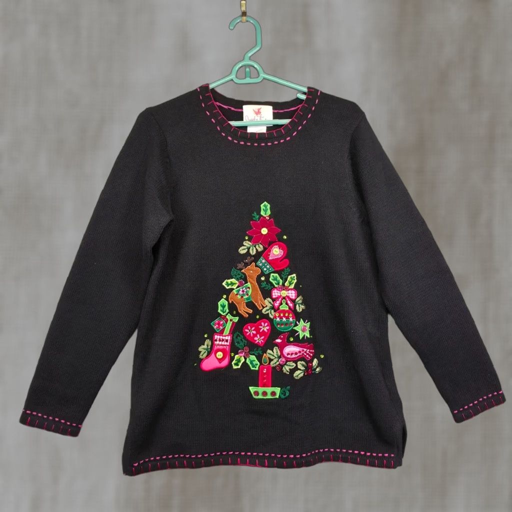 Factory Quacker Factory Sweater Womens S Black Christmas Embroidered Holiday Grandma