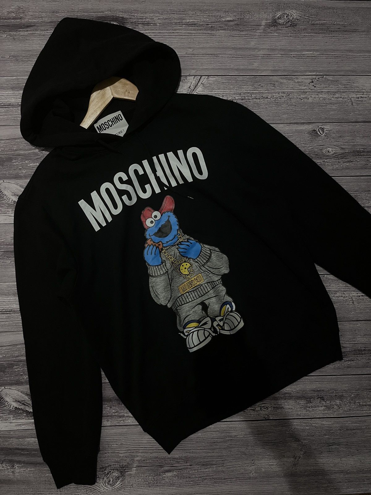 Moschino Cookie Monster Graphic Hoodie Black T-Shirts, Sweatshirt | FlexRushtees.com