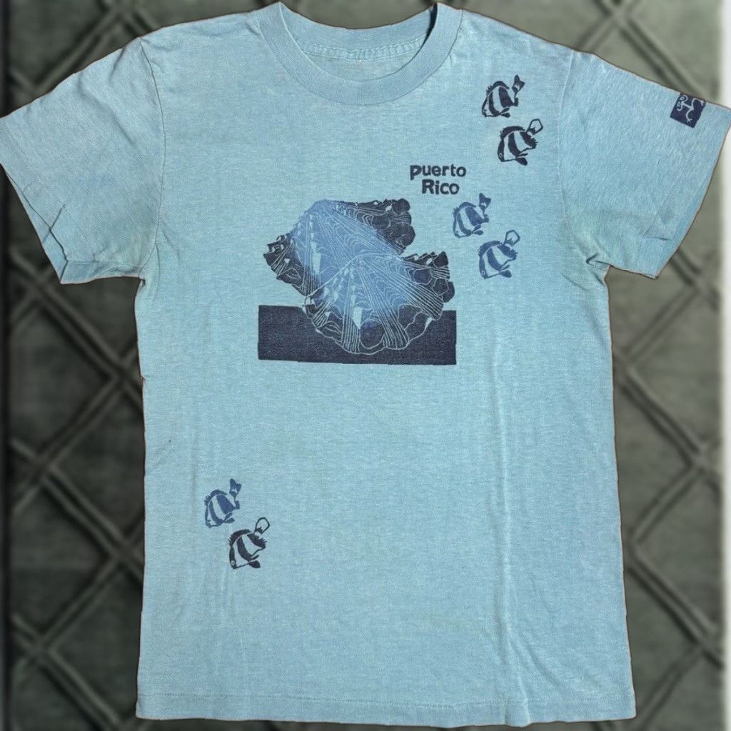 Vintage 70s Puerto Rico Blue Tropical Fish Ocean Seashell Tourist T Shirt Small Unbranded Un