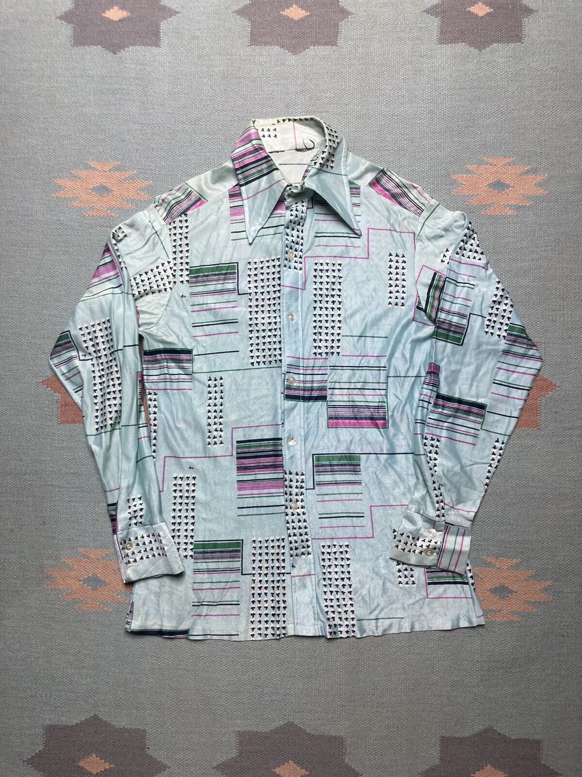 Vintage 70s Disco Shirt Dagger Collar Psychedelic Pattern Mod Small