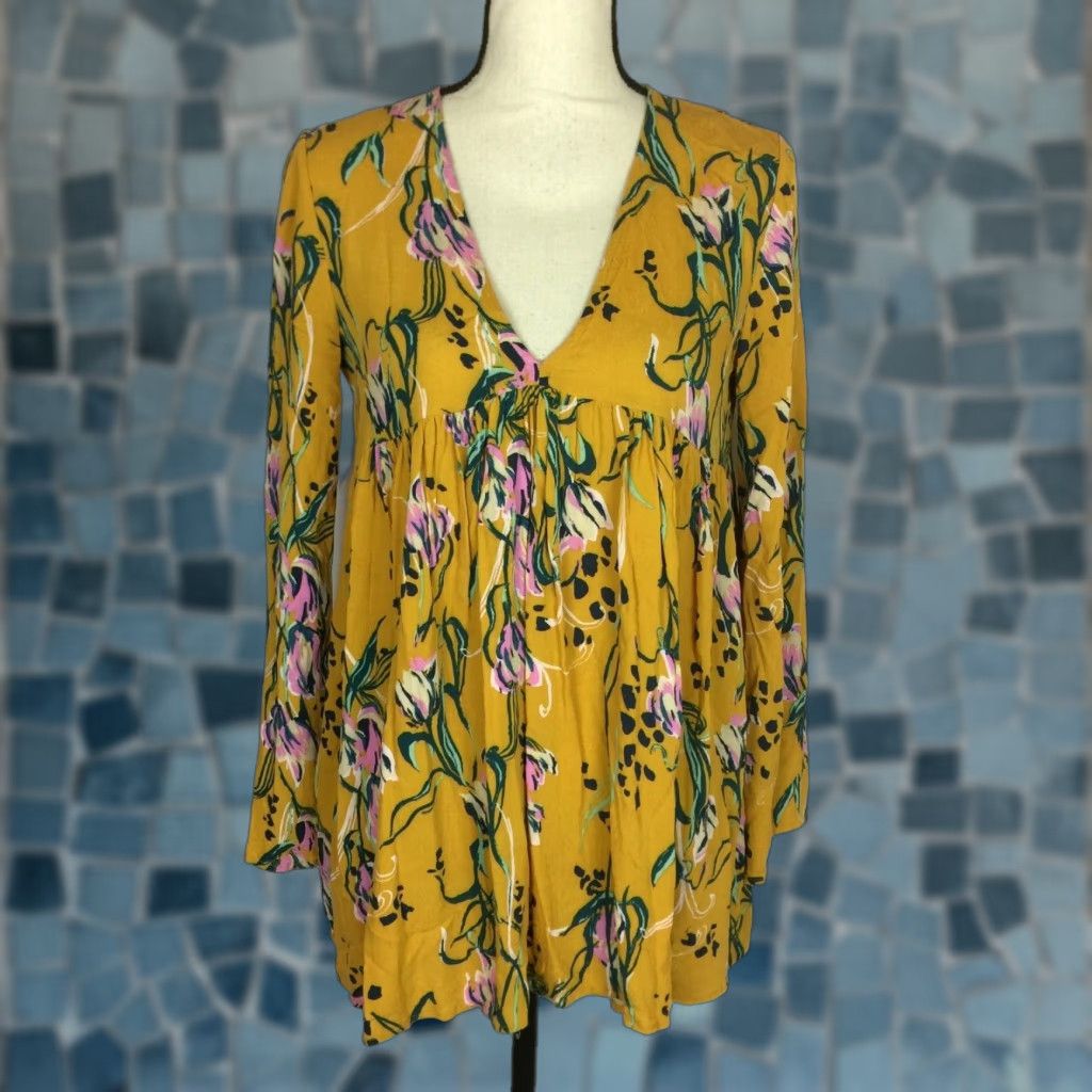People Vintage Free People Boho Peasant Blouse Women S Xs Floral Rayon Long Sleeve Fall Spring