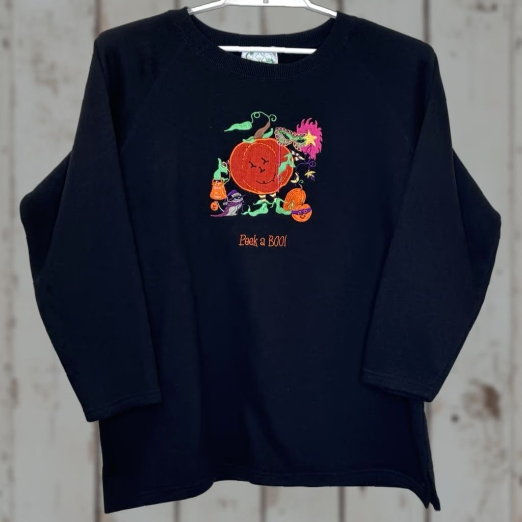 Quacker Factory Quakcer Factory Sweatshirt Womens Size 1x Black Halloween Pumpkin Peek A Boo