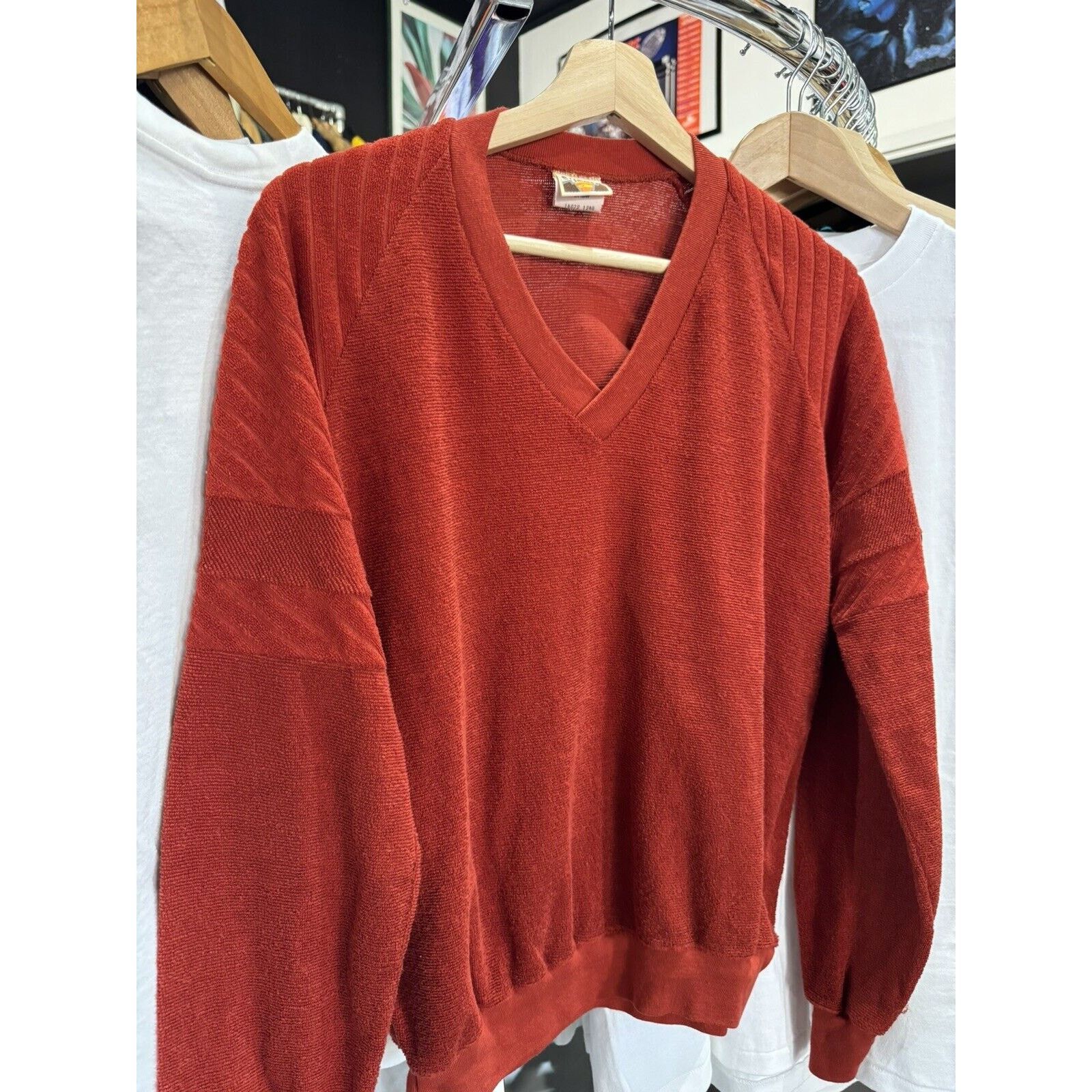 Other Vtg 70s Encino Shirts Terry Cloth Orange V Neck Sweater Med