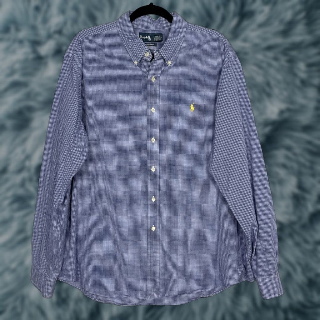 Lauren Vintage Ralph Lauren Custom Fit Shirt Mens 2xl Blue Mini Check 90s Preppy Classic Butto