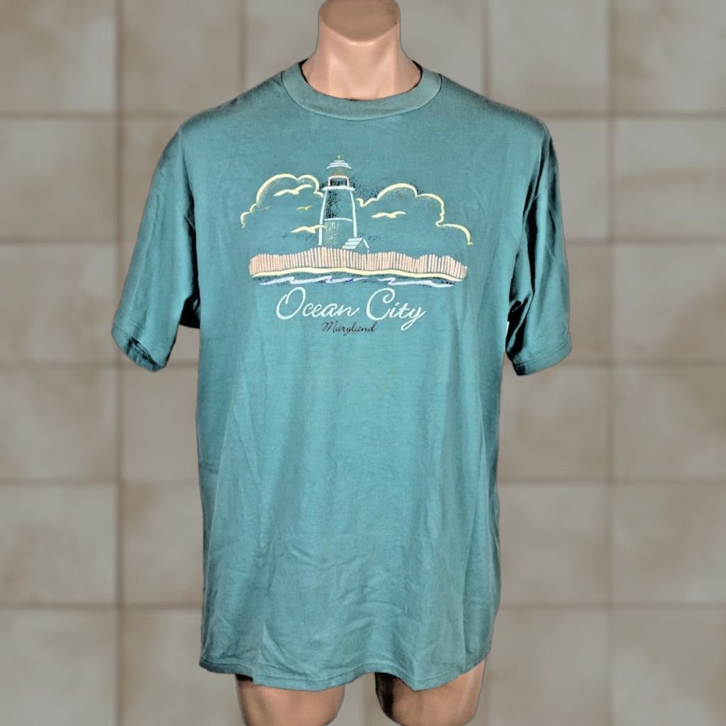 Jerzees Vintage 90s Ocean City Maryland Teal T Shirt Puffy Paint Xl Jerzees Mens Crew Neck Short Sle