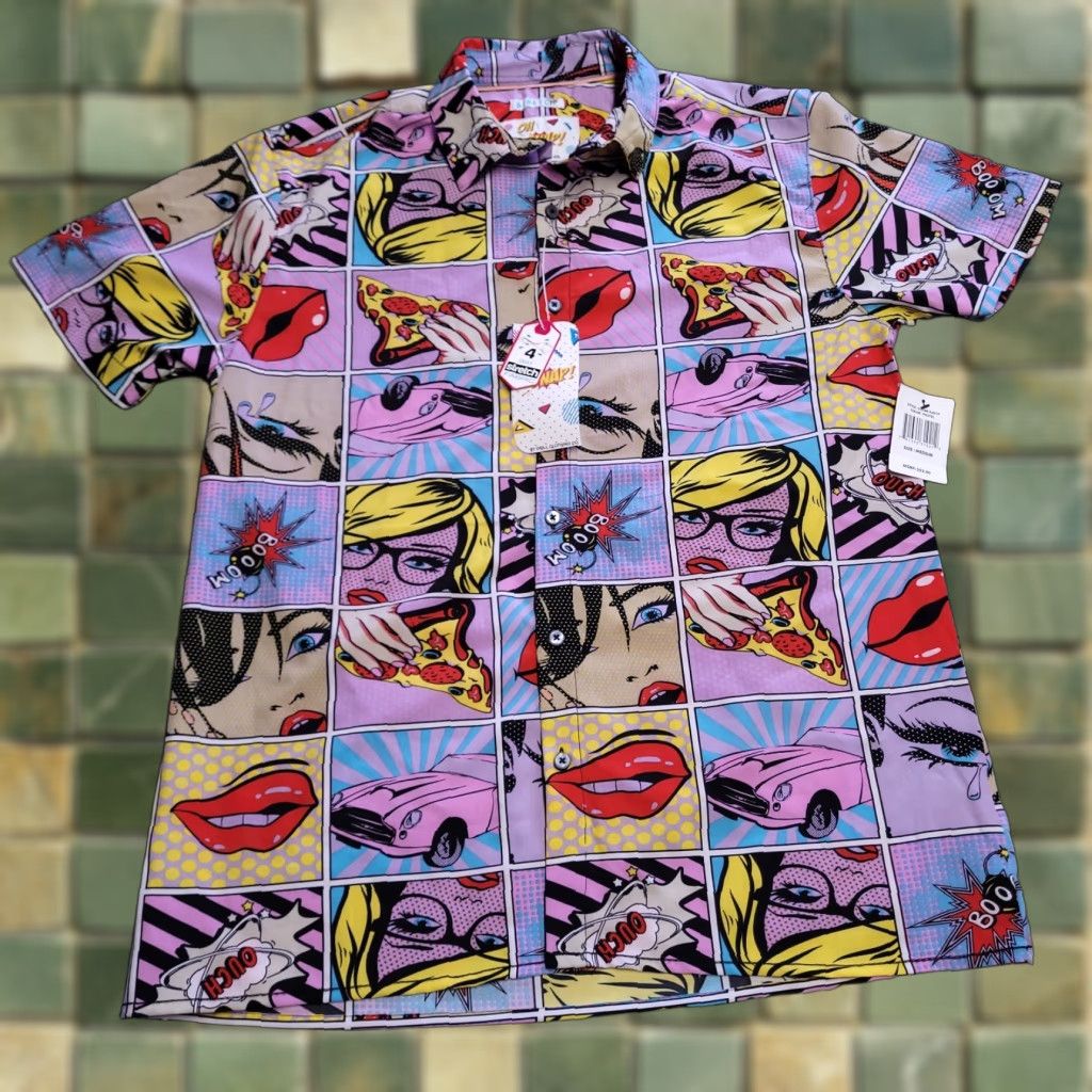 Co Vintage Oh Snap Drill Clothing Co Shirt 90s Comic Pop Art Pizza Lips Car M Multi Color Short Slee