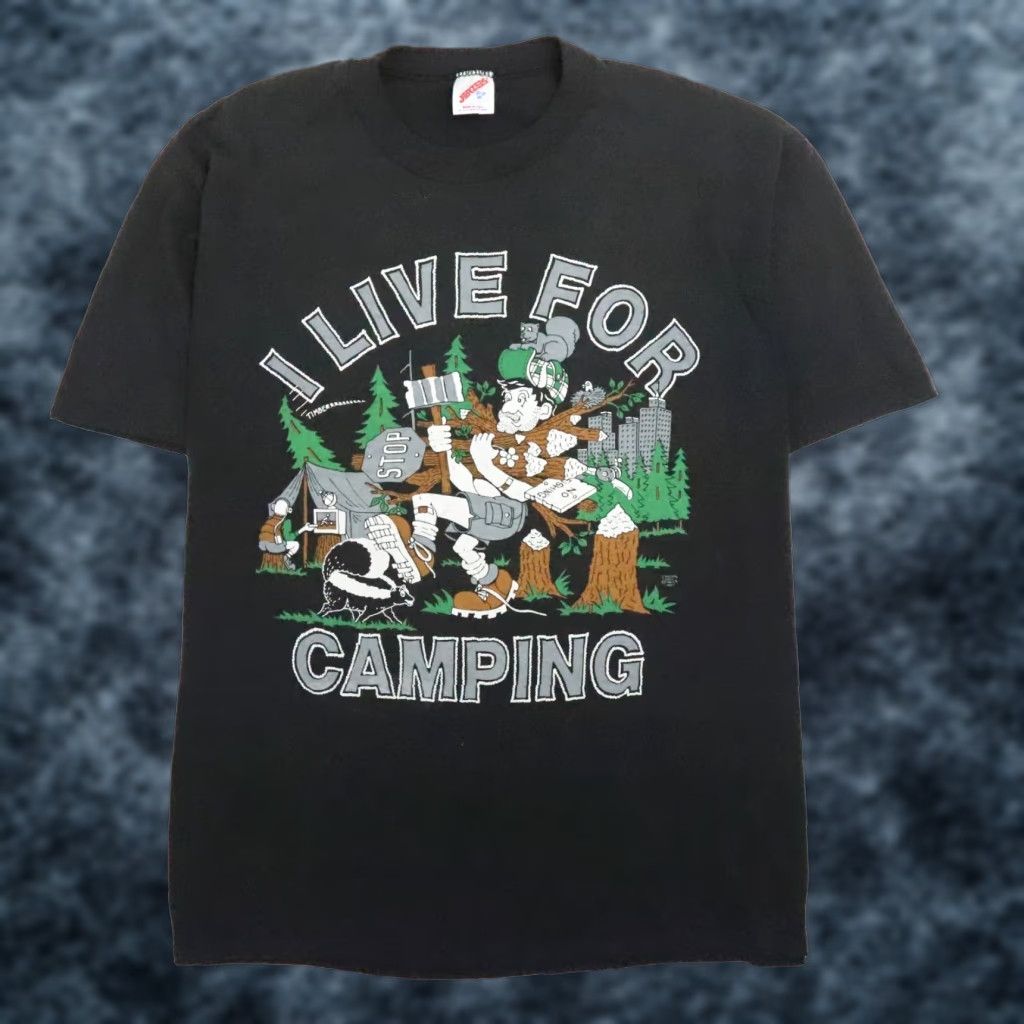 Jerzees Vintage I Live For Camping T Shirt Men Xl Black Cotton Crew Neck Short Sleeve 90s Graphic Pr