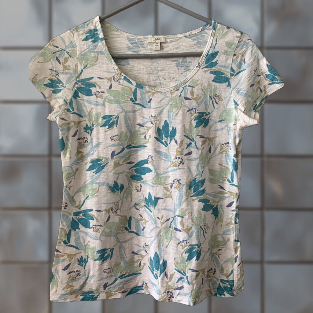Jill J Jill Shirt Short Sleeve Green Tropical Print Organic Cotton Sz Sp Women S White Green Tropi