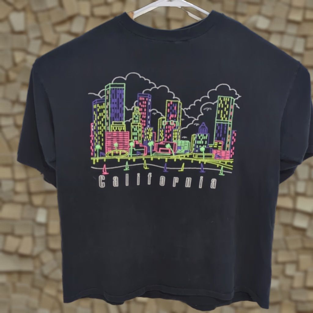 Vintage Cross Colours California Neon City Tropical Black T Shirt Large 90s Mens