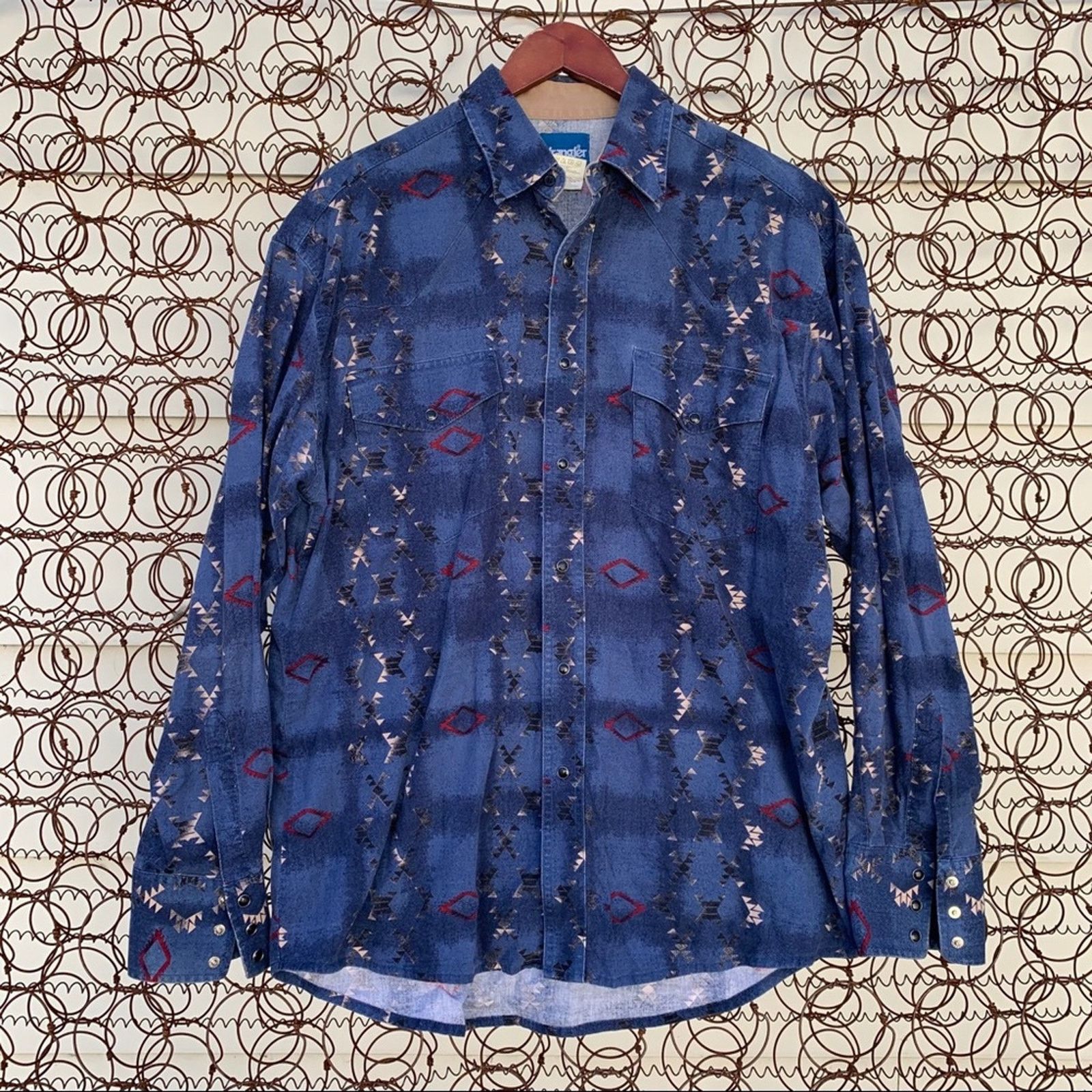 Vintage Wrangler Blue Aztec Tribal Flannel Pearl Snap Shirt