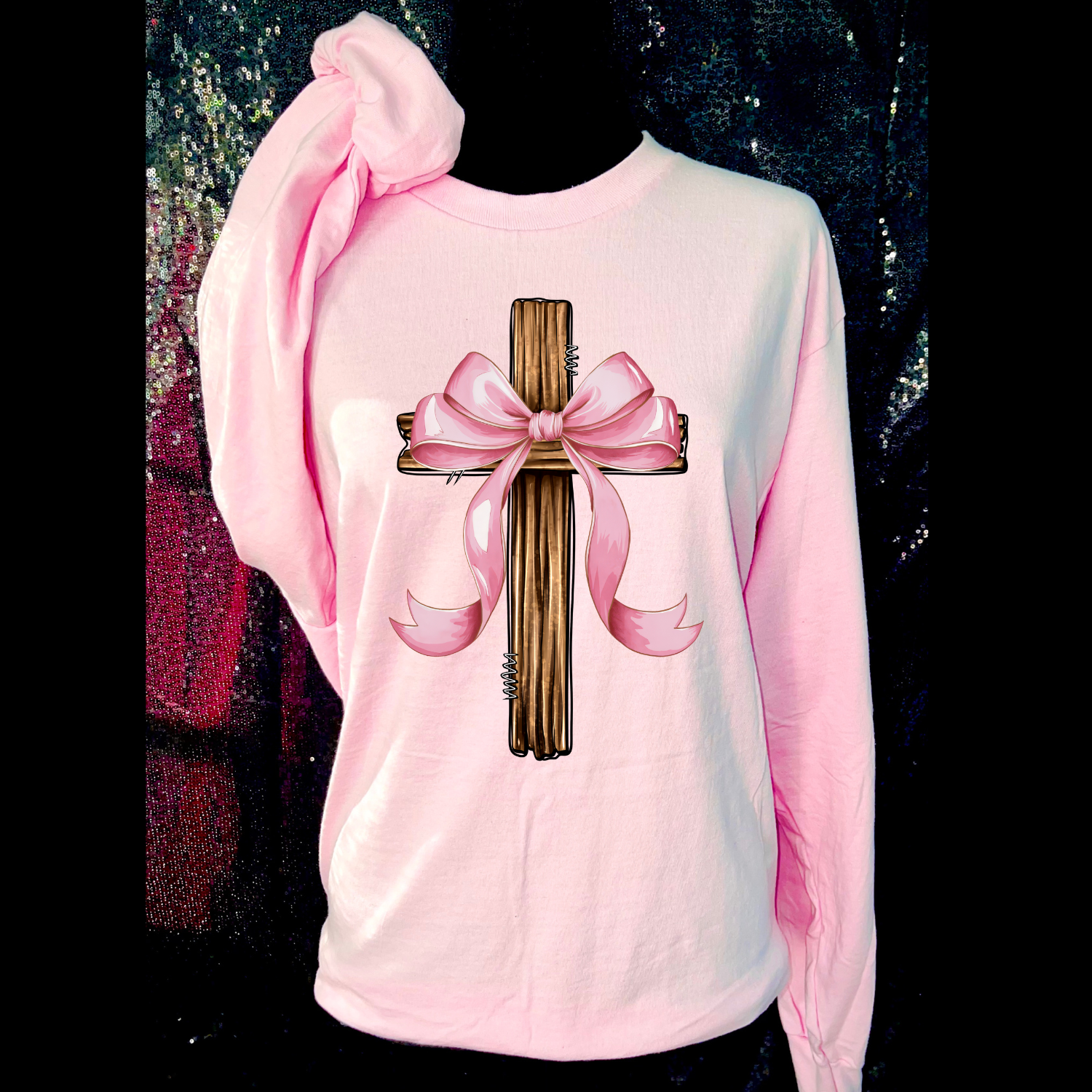 Pink Bow and Cross Long Sleeve Shirt