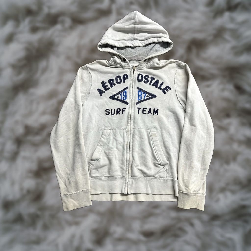 Vintage Aeropostale Surf Team Hoodie White Xl Full Zip Hooded Embroidered Logo Pocket 90