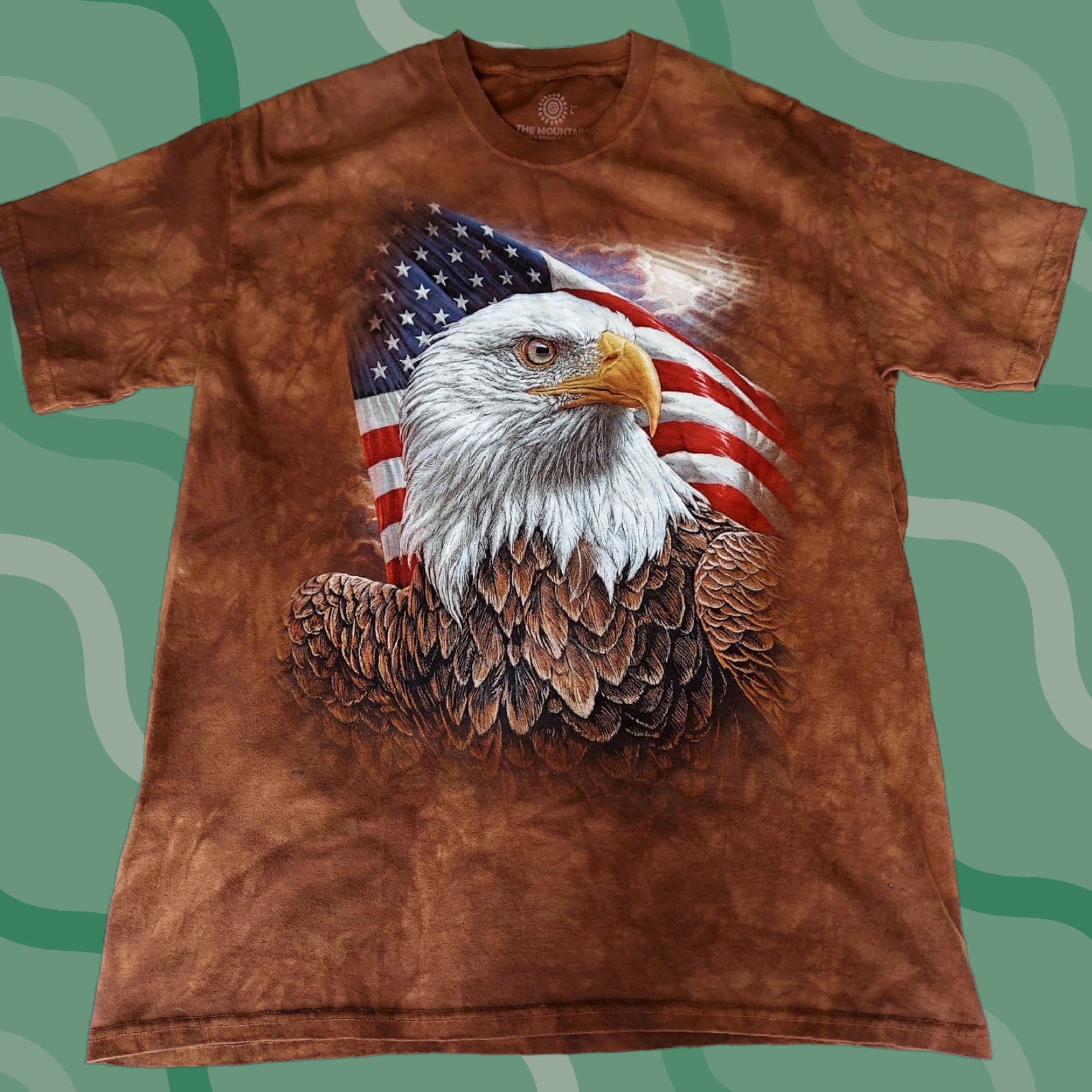 Mountain Vintage The Mountain T Shirt Mens L Bald Eagle American Flag Short Sleeve Cotton Brown