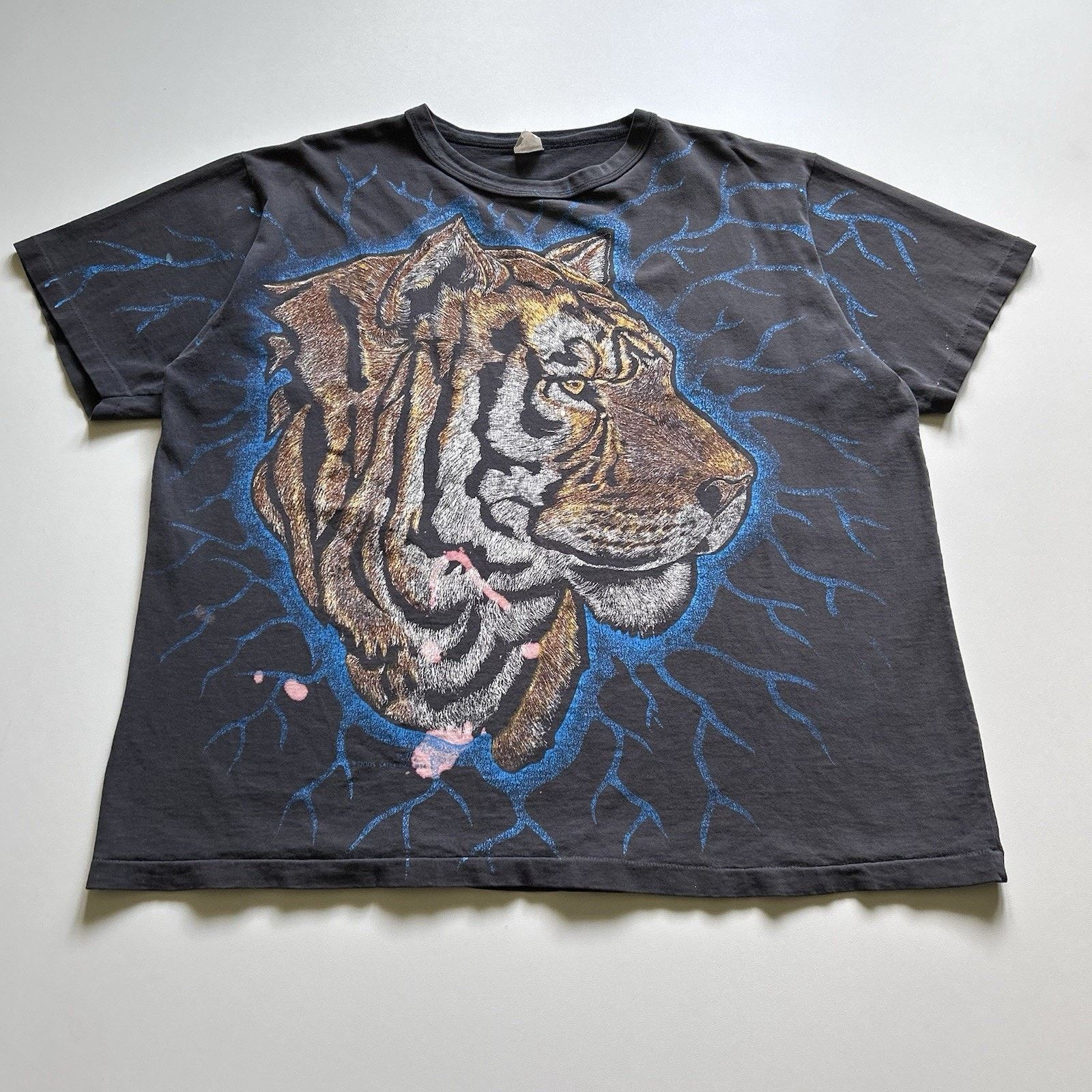 Vintage 90s Tiger Lightning T Shirt Xl Boxy Sun Faded Black Hoodie, Sweatshirt | FlexRushtees.com