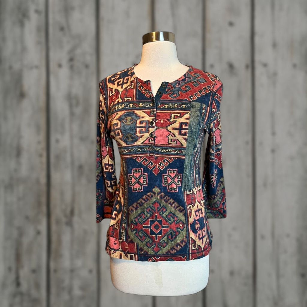 Ralph Lauren Vintage Lauren Ralph Lauren Hanley Tee Aztec Southwestern 90s Geometric Cotton Blue Sma