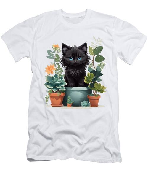 Cute Cat In A Pot Among Green Plants T-Shirt