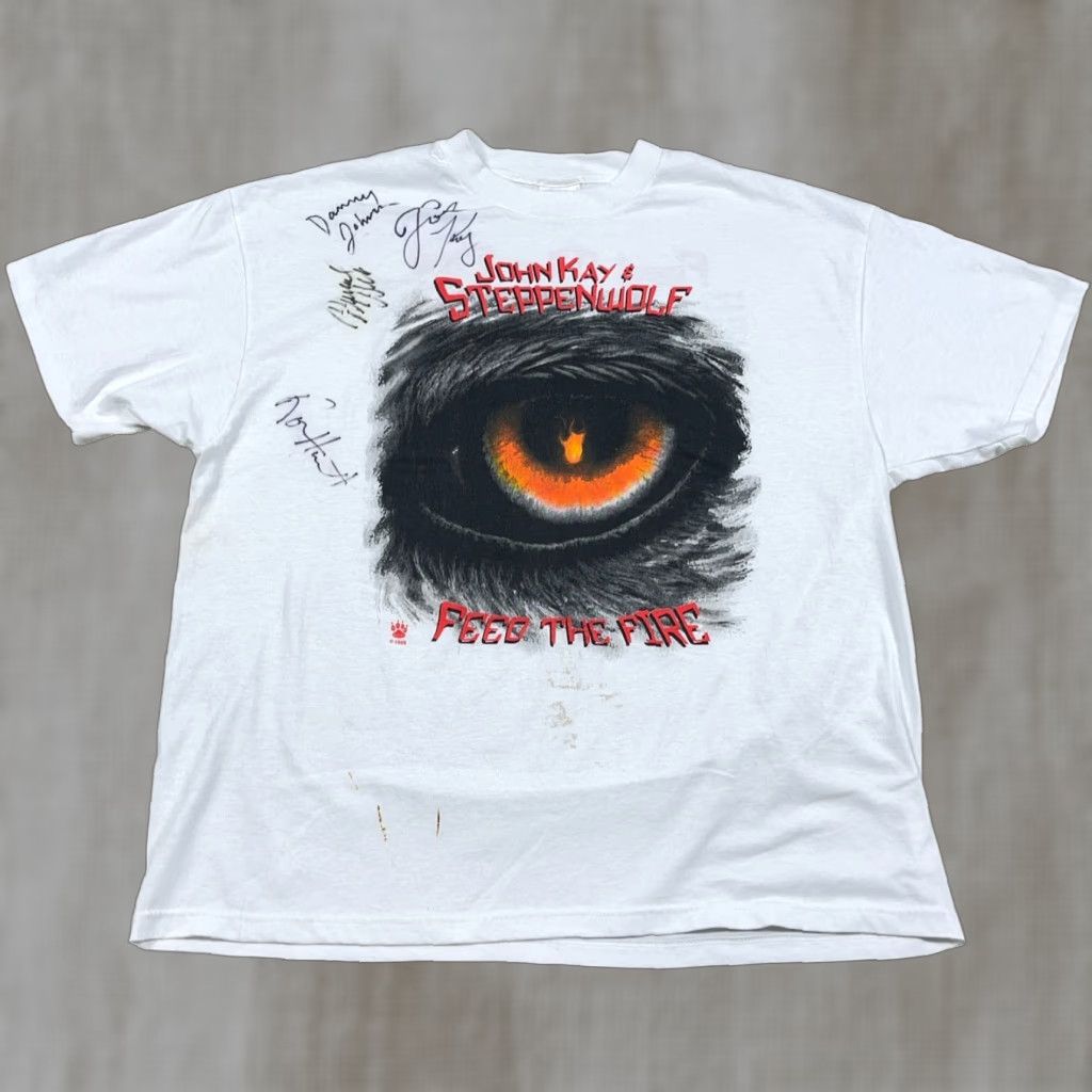 Vintage Hanes Shirt Men Xl White Tee 90s Feed The Fire Signed John Kay Steppenwolf Logo Graphi Hoodie, Sweatshirt