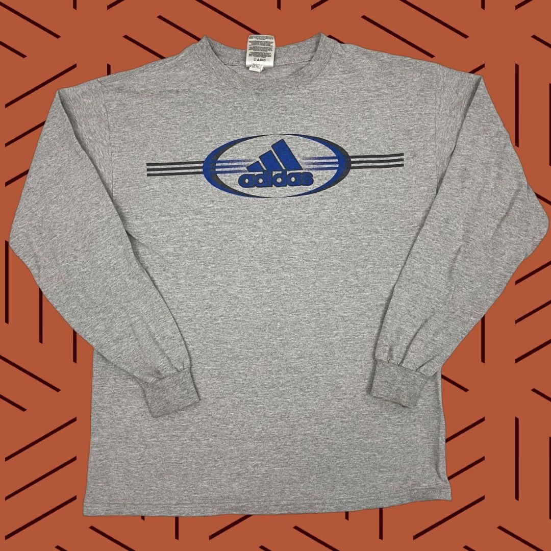 Vintage Adidas Shirt Mens Small Gray Soccer Big Logo Retro Graphic Tee Long Sleeve